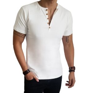Polera Henley V – Manga Corta - Blanco