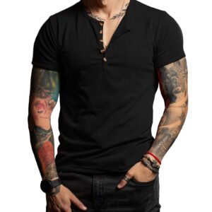 Polera Henley V – Manga Corta - Negro